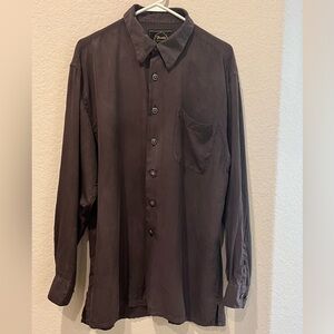 Fonte Men’s 100% Silk Button Down Shirt | Brown | Large | Metal Star Buttons